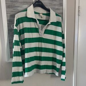 H&M Green and White Striped Polo Shirt
